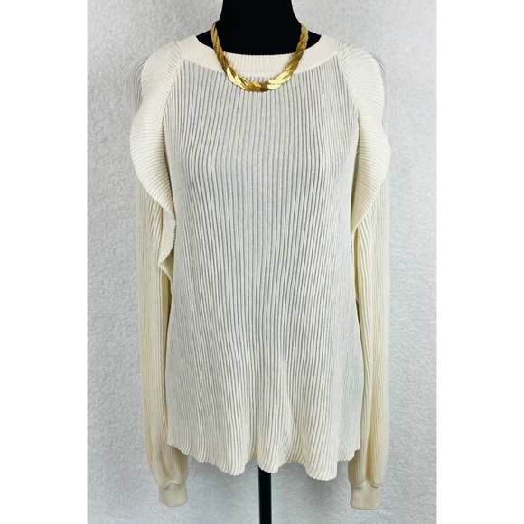 CHLOÉ • Cream Ribbed Ruffle Long Sleeve Silk-Blend Sweater - Picture 4 of 16